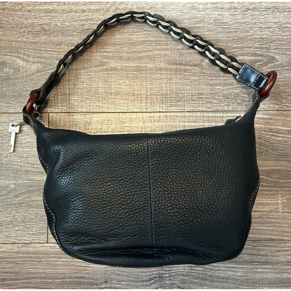 FOSSIL Pebbled Leather Braided Strap Med Shoulder Bag Black Vintage Wood Rings